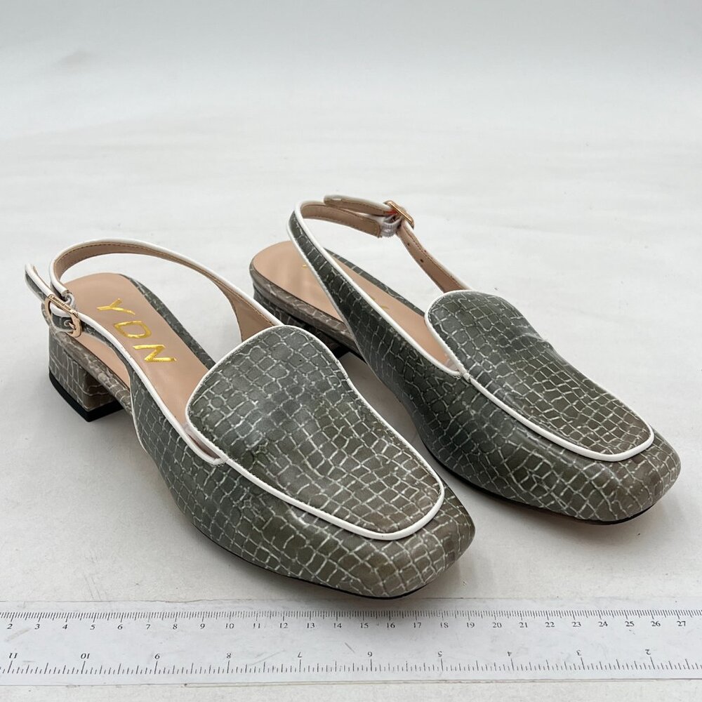 Ydn Silver Emboss Square Toe Block Low Heels Slin… - image 4